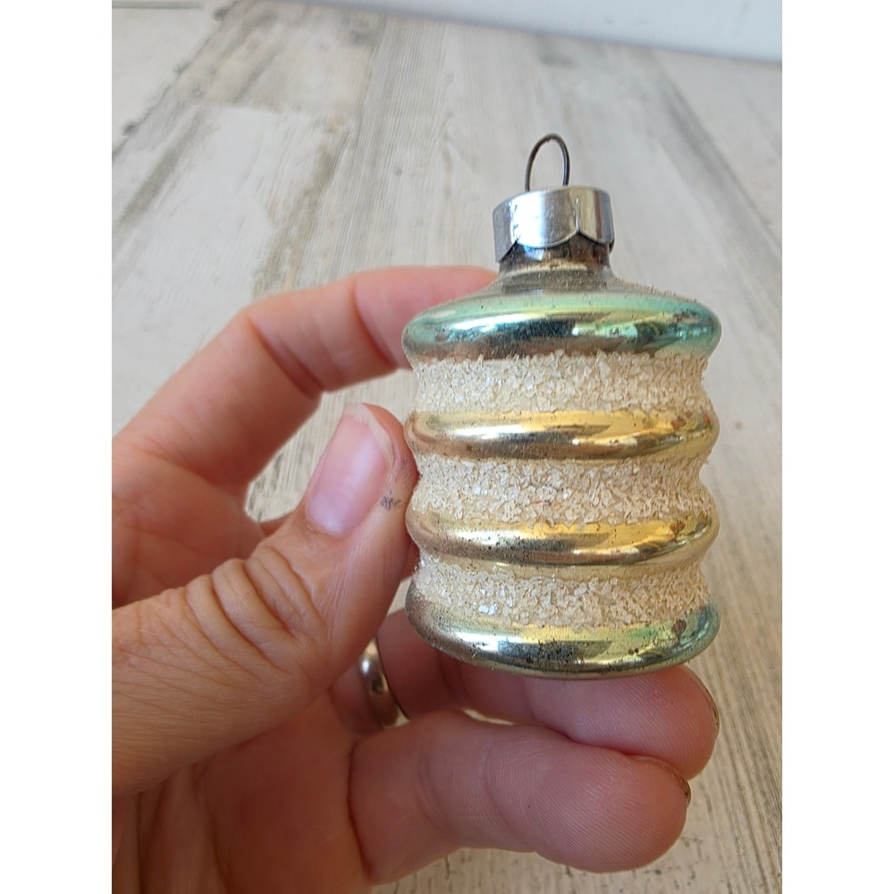 Vintage shiny Brite barrel Mica green mercury glass ornament made in USA Xmas